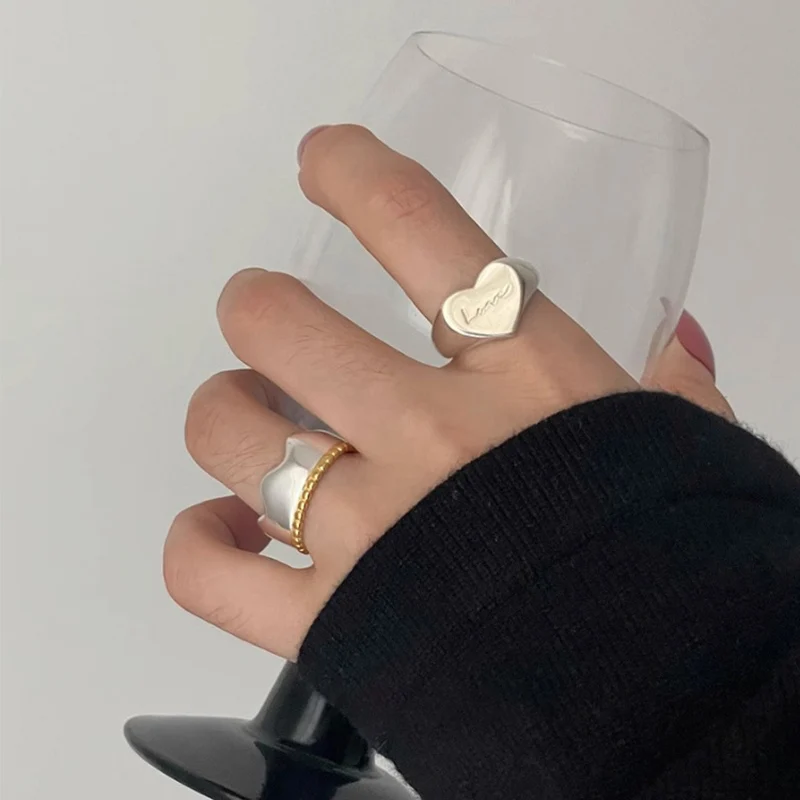 Foxanry Silver Color Love Heart Geometric Letter Rings For Women Couples Fashion Simple Classic Birthday Party Jewelry Gifts