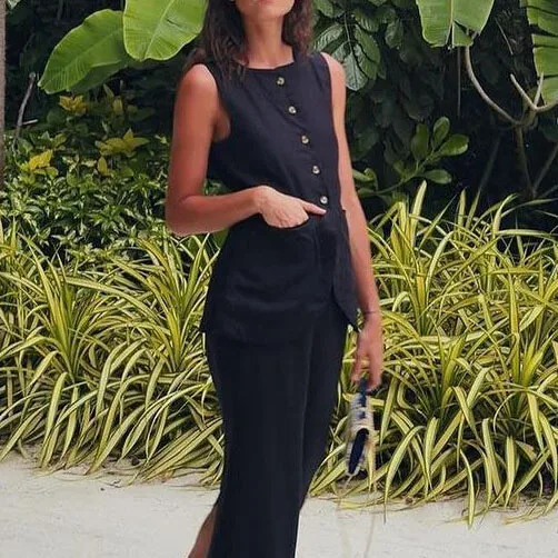 

Новый ленивый повседневный комплект из чистого хлопка с квадратным воротником и жилетом и юбкой, женский трансграничный модный удобный дышащий комплект