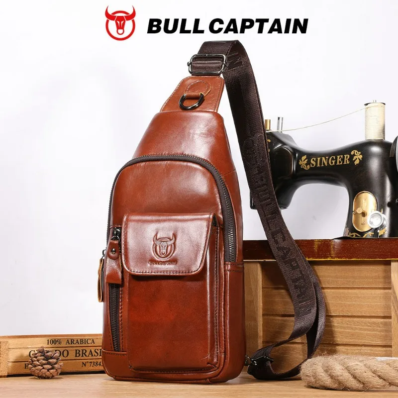 Men's top layer cowhide chest bag, genuine leather single shoulder crossbody bag, casual chest backpack