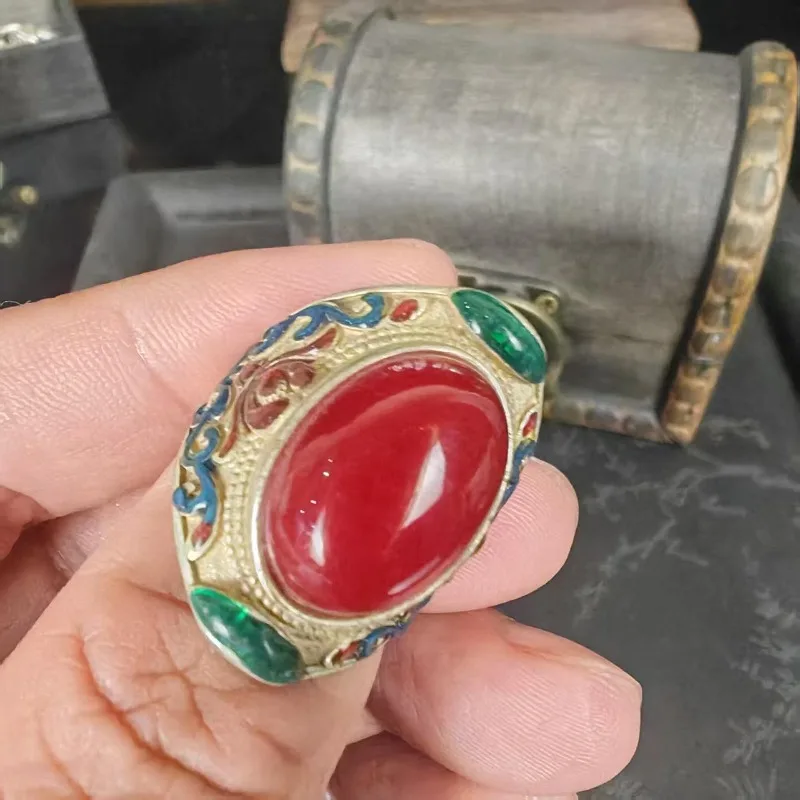 Vintage Dome Red Stone Ring Unisex Triangular Bezel Multi‑Color Scroll Cloisonne Metal Statement Finger Jewelry