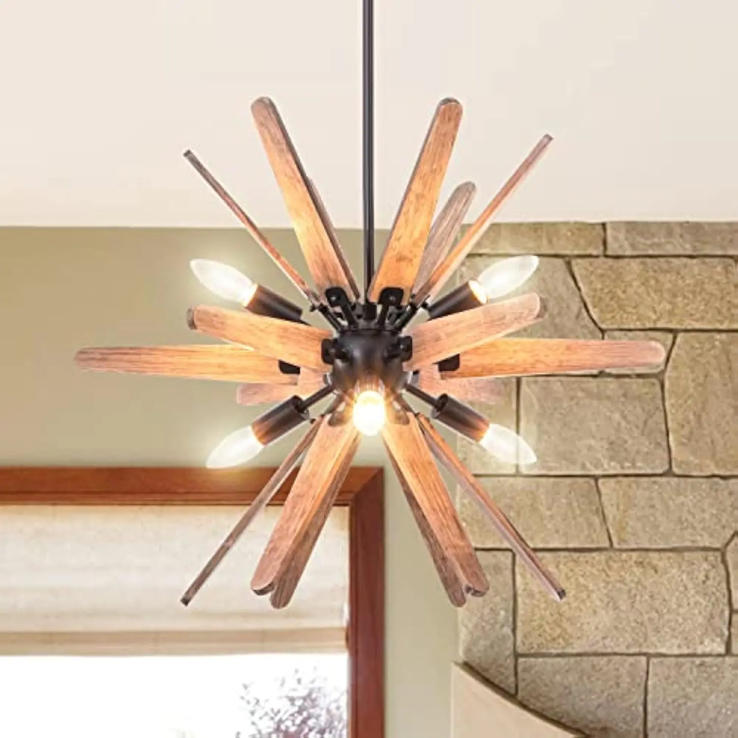 

6-Light Sputnik Pendant Light Black, Wood Chandelier for Dining Room Rustic Light Fixture Ceiling Hanging for Bedroom Entryway