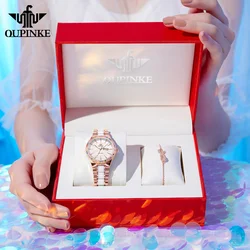 OUPINKE Women's Watches Waterproof Rainbow Diamond Dial Imported Movement Automatic Mechanical Watch for Lady Original Luminous