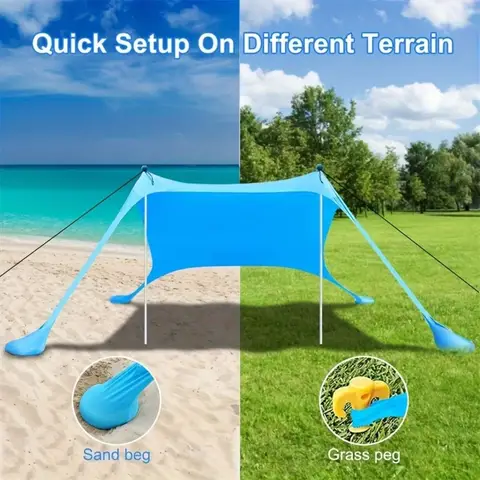 Pop-up strandtält Solskydd UPF50+ med markspikar och stabilisatorstänger, utomhus solskyddstält för campingturer, fiske, ryggsäck 10 best sales Sun Shelter-stranden - №2