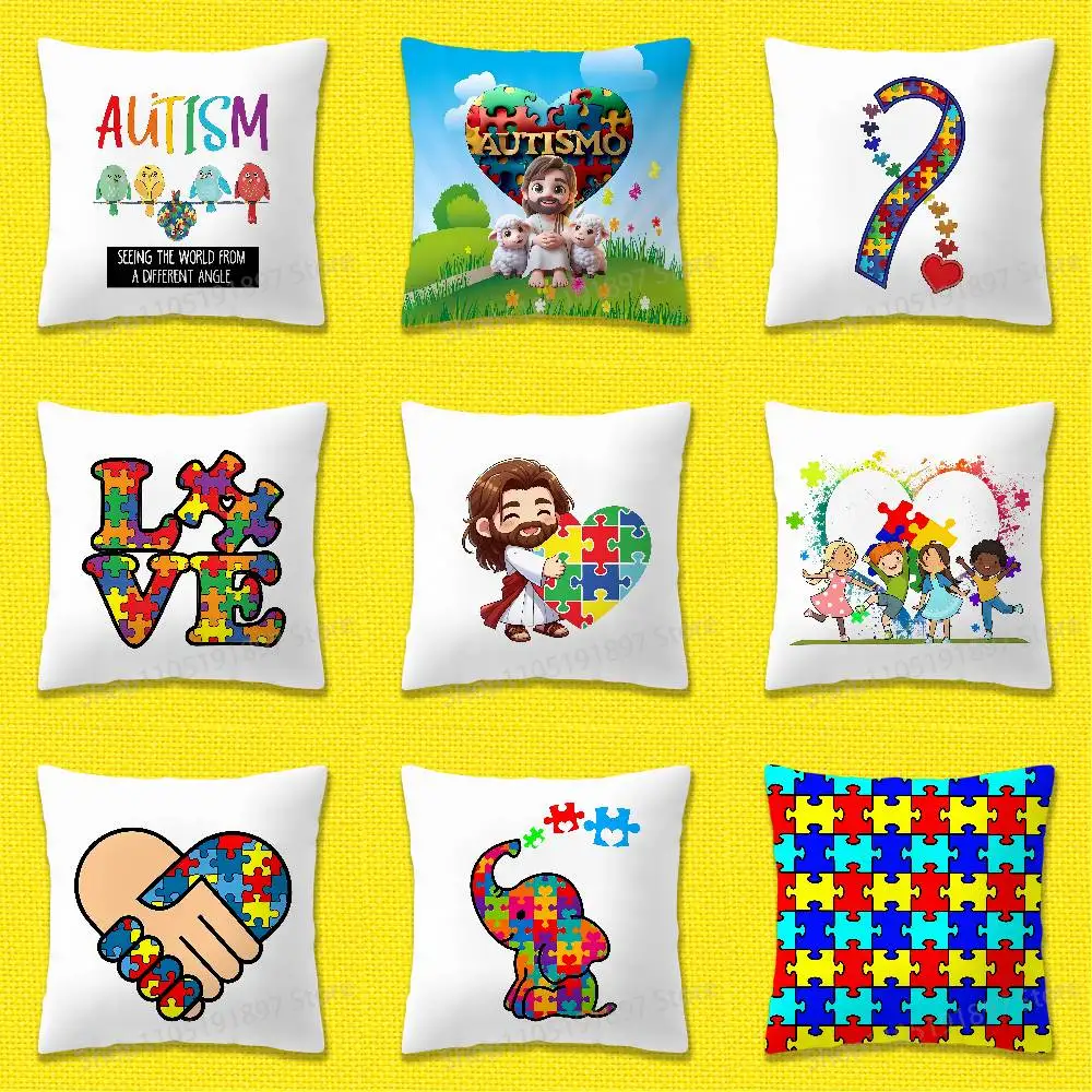 

Autism Support Puzzle Throw Pillow Case For 45*45cm 40cm 30cm 50cm 55cm Square Home Pillowcase Case