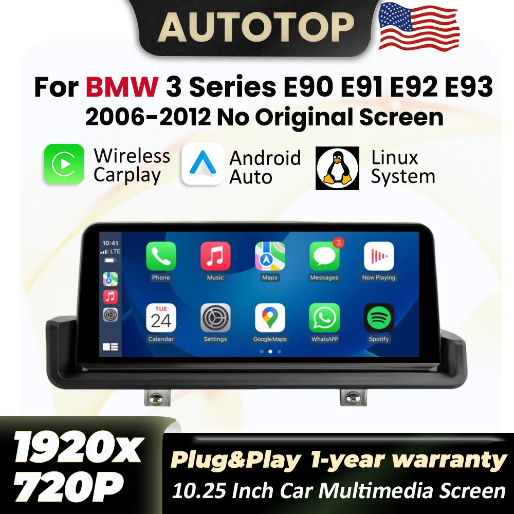 10.25 Inch Linux Wireless Carplay Android Auto Car Radio Multimedia For BMW 3 Series E90 E91 E92 E93 2006-2012 No Original Screen With IDrive Touch Screen BT GPS Navigation Stereo