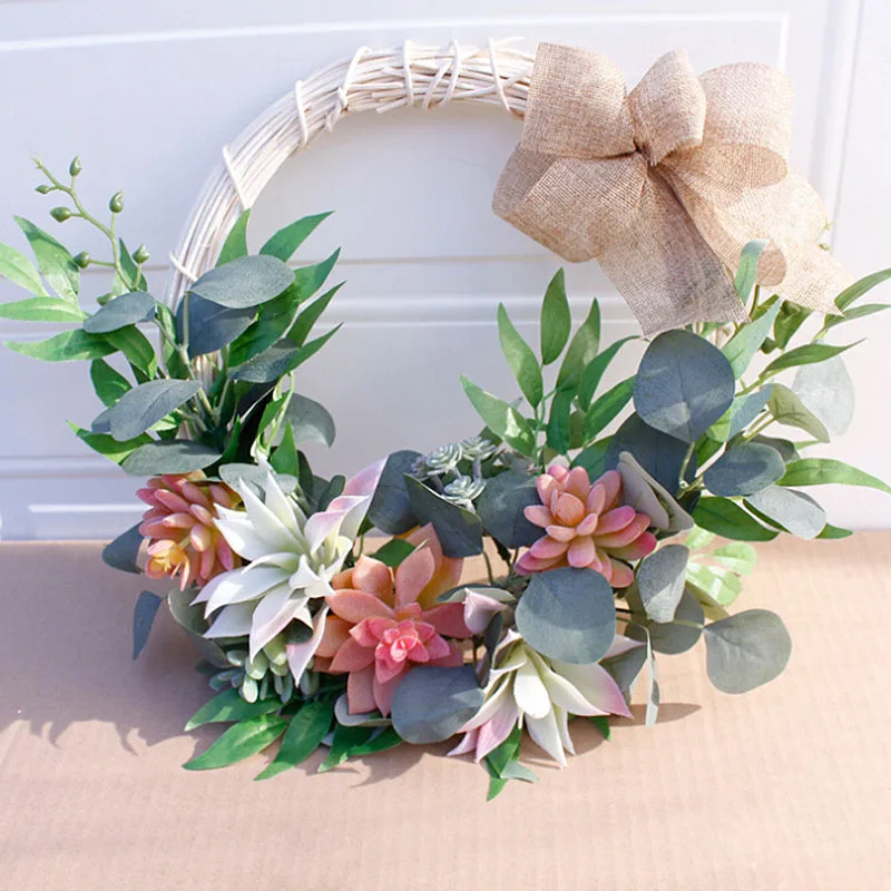 

40cm Artificial Flower Wreath Simulation Succulent Plant Garland Home Decor Door Wall Hanging Rattan Circle Wreath