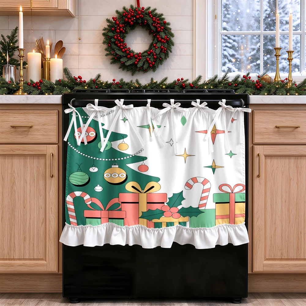 1PC Christmas Tie Up Kitchen Curtain, Cartoon Chris, Digital Print, Kitchen Dining Room Cafe Office, Home Decor Window Treatment