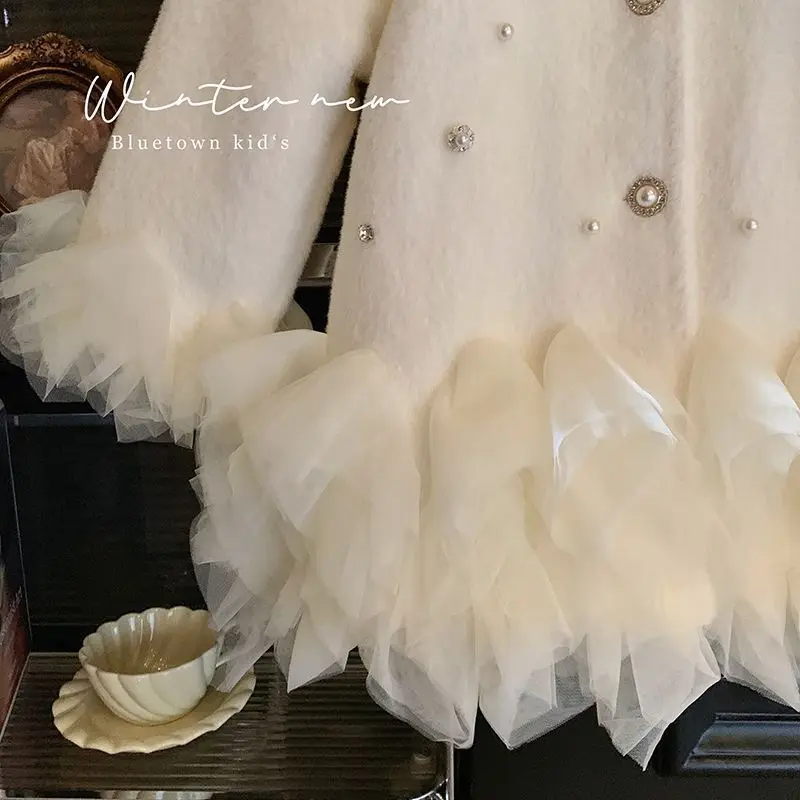 Girls' Furry Princess Mesh Coat Autumn And Winter New Mid-Length Quilted Children'S Clothing Baby Birthday Dress