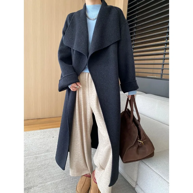 2024 Women Autumn Coats Wdie Laple Collar Design Long Woolen Coat With Belt Open Stitch Wool Coat Veste Femme Tops