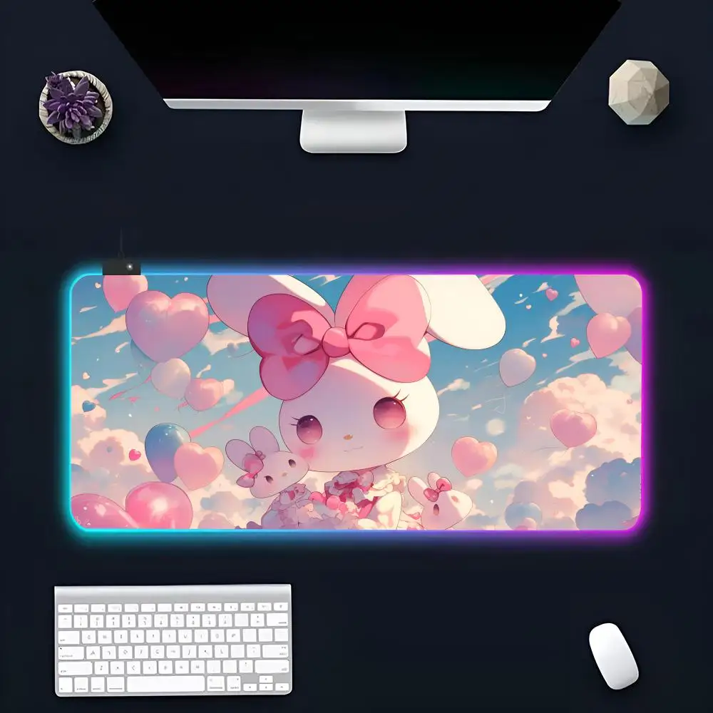 Kawaii Cute M-My M-Melodys MINISO Mouse Pad RGB Gaming Mousepad LED Gamer Mousepads XXL Keyboard Pads Luminous Desk Mat Backlit