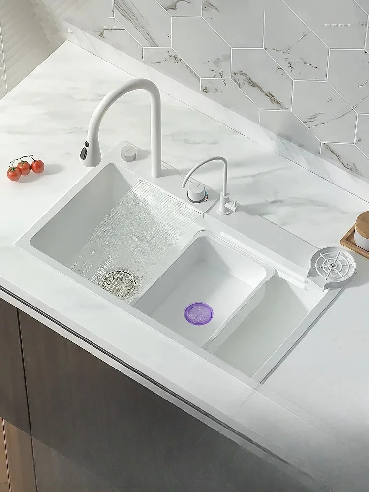 

White Sink Fly Rain Waterfall Large Single Sink 304 Stainless Steel Kitchen Household Washbasin Handmade Island Washbasin