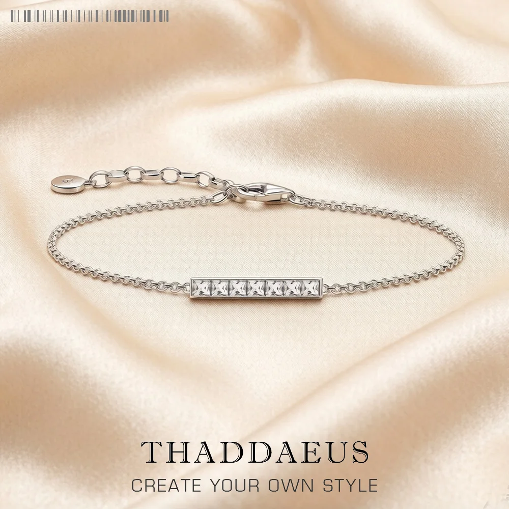 

Link Chain Bracelet White ZIrcon Real 925 Sterling Silver Trendy Jewelry Europe Women Gift