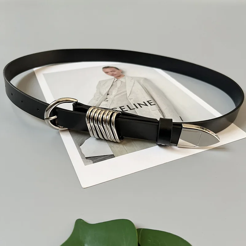 خاتم معدني فضي بتصميم متخصص، حزام أسود عصري للرجال