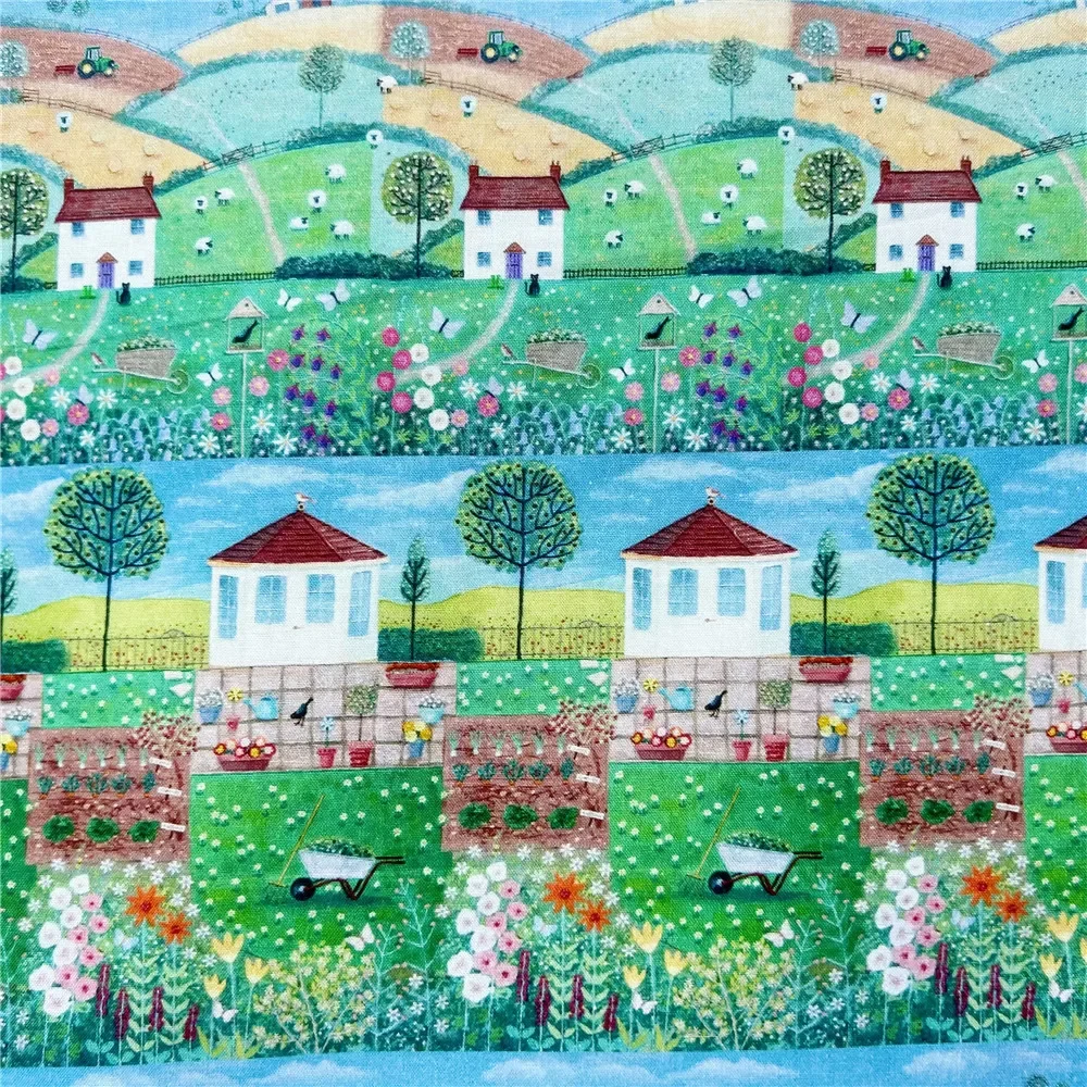 Farmyard Garden Grassland Printed Cotton Fabric Plain Mountain Village Pattern Dress Fabric Handmade DIY Table Cloth