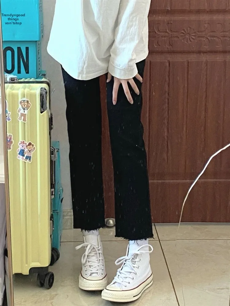

High Waist Straight Leg Frayed Hem Denim Jeans Women plus Size Small Nine Points Slimming Bla e Tube Pants Trendy Summer
