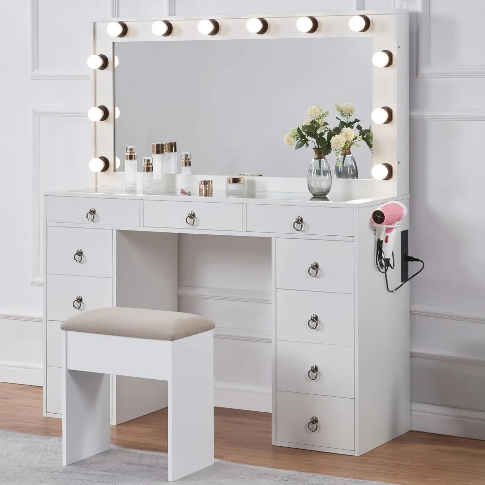 

Large Vanity Desk with Mirror and Lights, Glass Top Makeup Vanity Desk Set with 11 Drawers and Stool