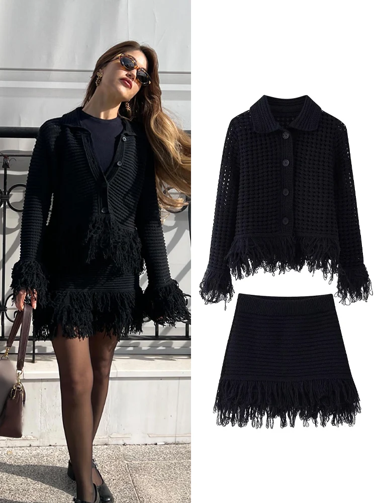 

TRAFZA Women's Long Sleeve 2-Piece Set Button-Up Top With Chic Fringe Knitted Mini Skirt Solid Elastic Waist Casual Style