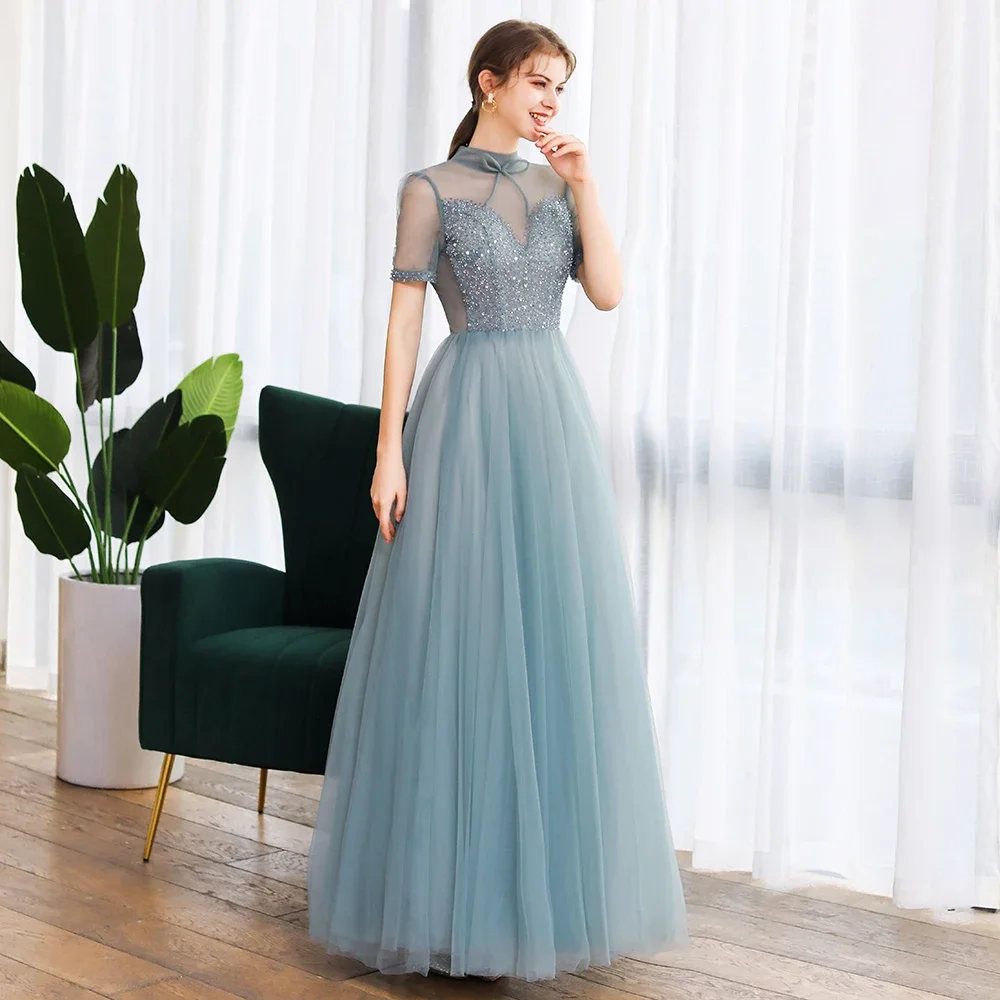 Clearance Sale Banquet Elegant Evening Dress High-neck Short Sleeve Sequins Beading A-line Prom Formal Gowns Vestido De Noche