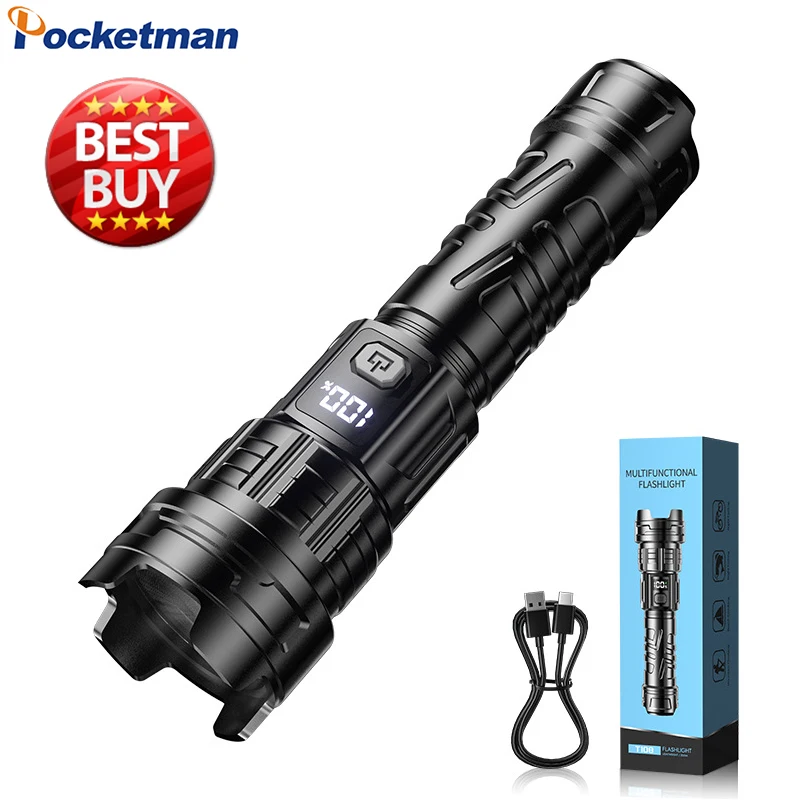 High Powered LED Flashlight Rechargeable Flashlight with Digital Battery Display Zoomable Waterproof Super Bright Torch