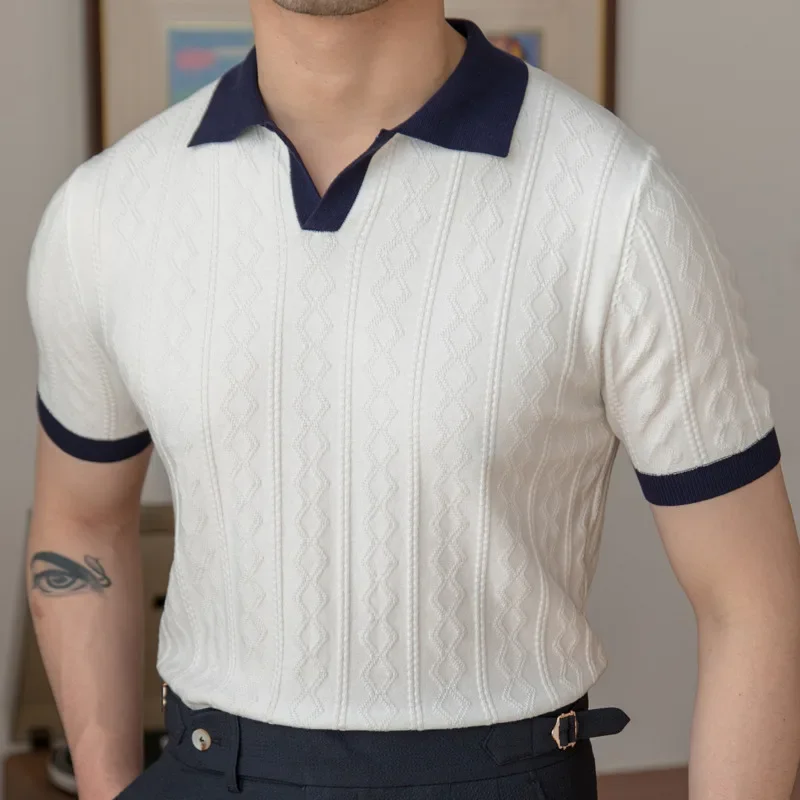 

Summer Breathable Italian Spliced Lightweight Fashionable Men's Polo Shirt V-Neck Elastic Pattern Texture Slim Short Sleeve Knit