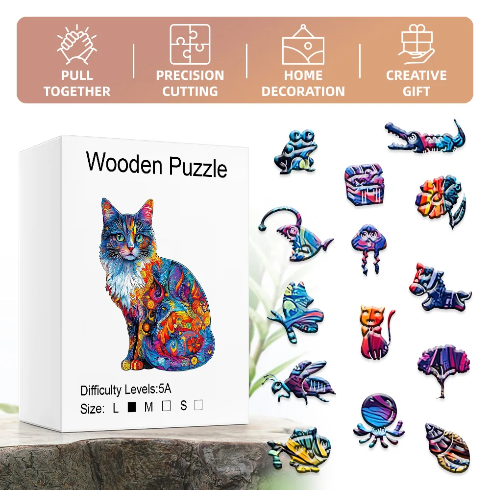 

Colorful Cat Wooden Puzzle for Adults - 4.5 Star Difficulty Jigsaw, Perfect Home Decor & Family Game Gift
