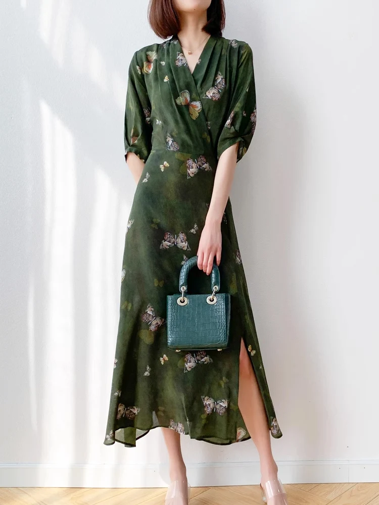 SuyaDream,Women Maxi Dresses100%Silk Crepe V Neck Side Vent Elegant Butterfly Prints Long Dress 2024 Spring Summer Green Clothes