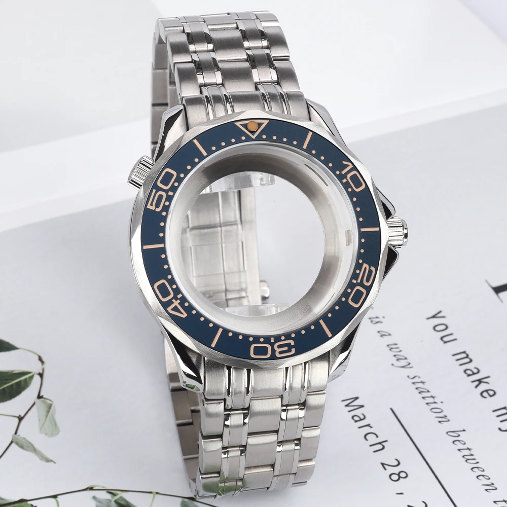 41mm NH35 Gehäuse Uhrengehäuse Stahlarmband Keramiklünette Transparenter Boden Saphirglas für Mod Seamaster 300 NH34 NH35 NH36 31mm Zifferblatt