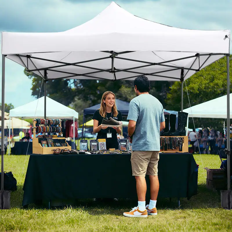 Single Outdoor Pop Up Canopy Tent 3x3 m Heavy Duty Carbon Steel Frame Gazebo Shelter 420D Oxford Fabric Top 3 Height Levels Adjustable with Wheeled Bag for Parties Markets White