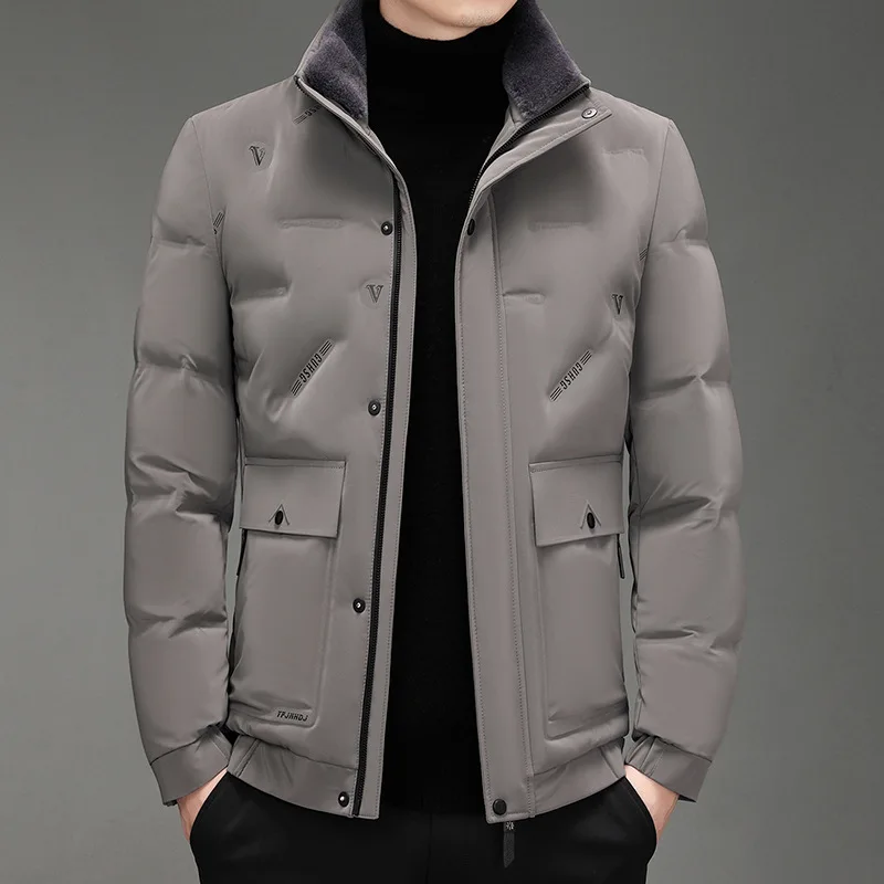 High-end Quality White Duck Down Down Jacket Men Winter Coat Fur Collar Zip Long Sleeve Business Casual Puffer Windproof Pocket