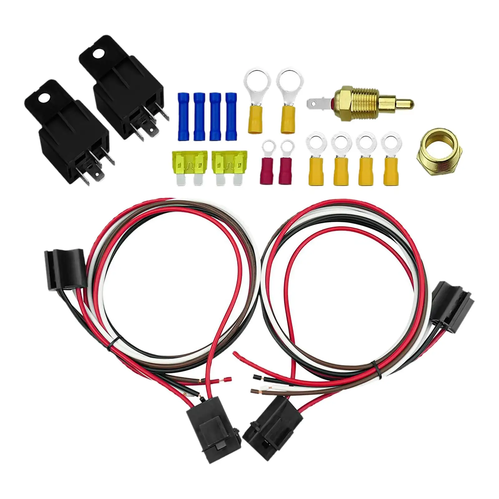 Dual Cooling Fan Relay Kit Temperature Sensor Switch 185 on 175 Off Wiring Harness for Radiator Cooling Fan Retrofit for Vehicle