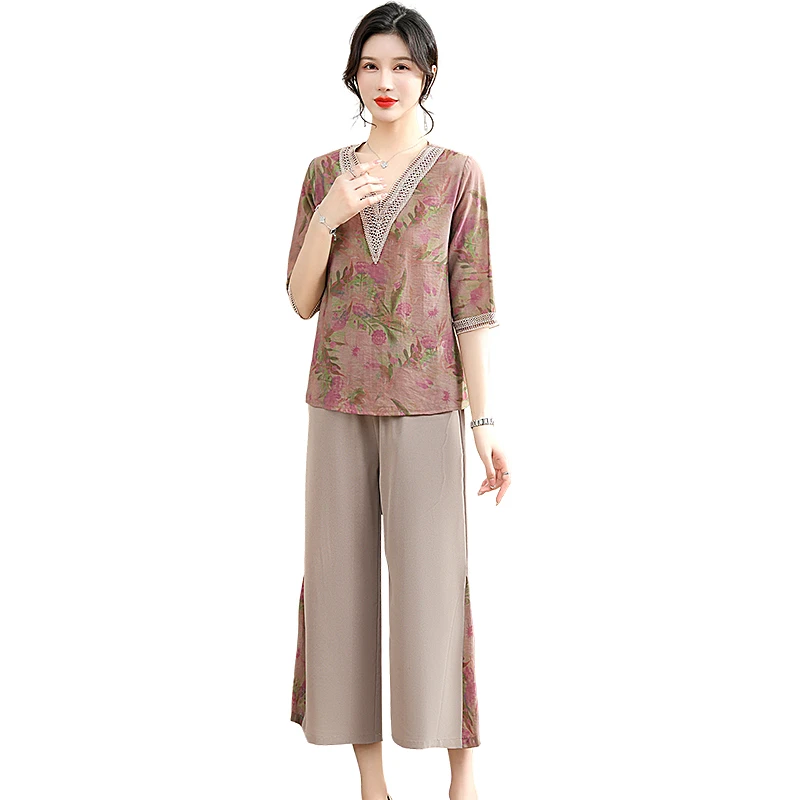 Summer 2 Piece Sets Women Casual Outfit Elegant Loose Wide Leg Pants and V-Neck Half Sleeve Short Sleeve Blouse Women Pant Sets