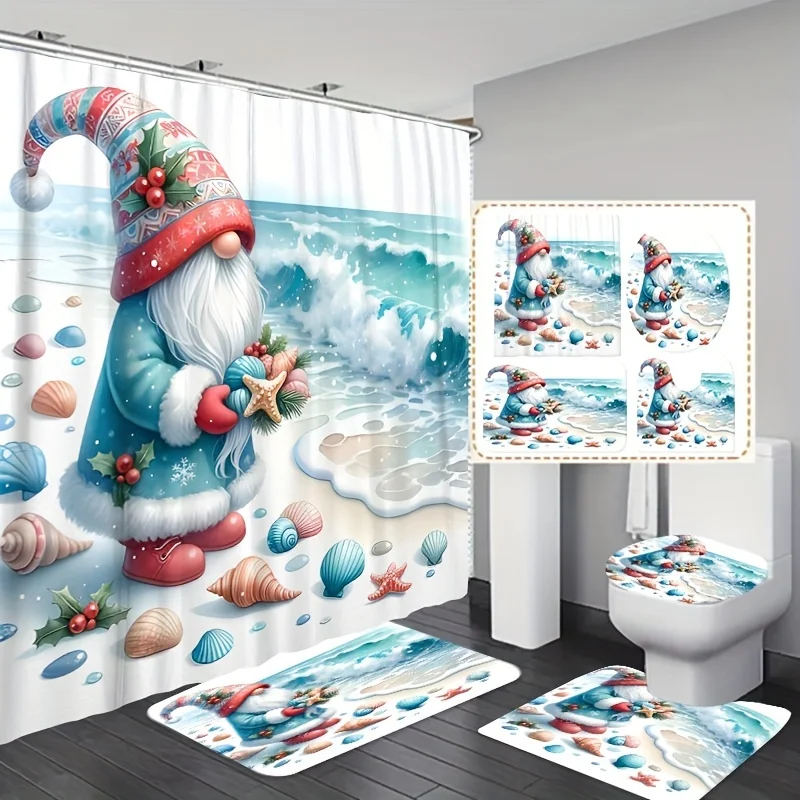 Coastal Christmas Gnome Bathroom Set with Seashell Design, Includes Machine Washable Fade-Resistant Bath Accessories with Hooks,