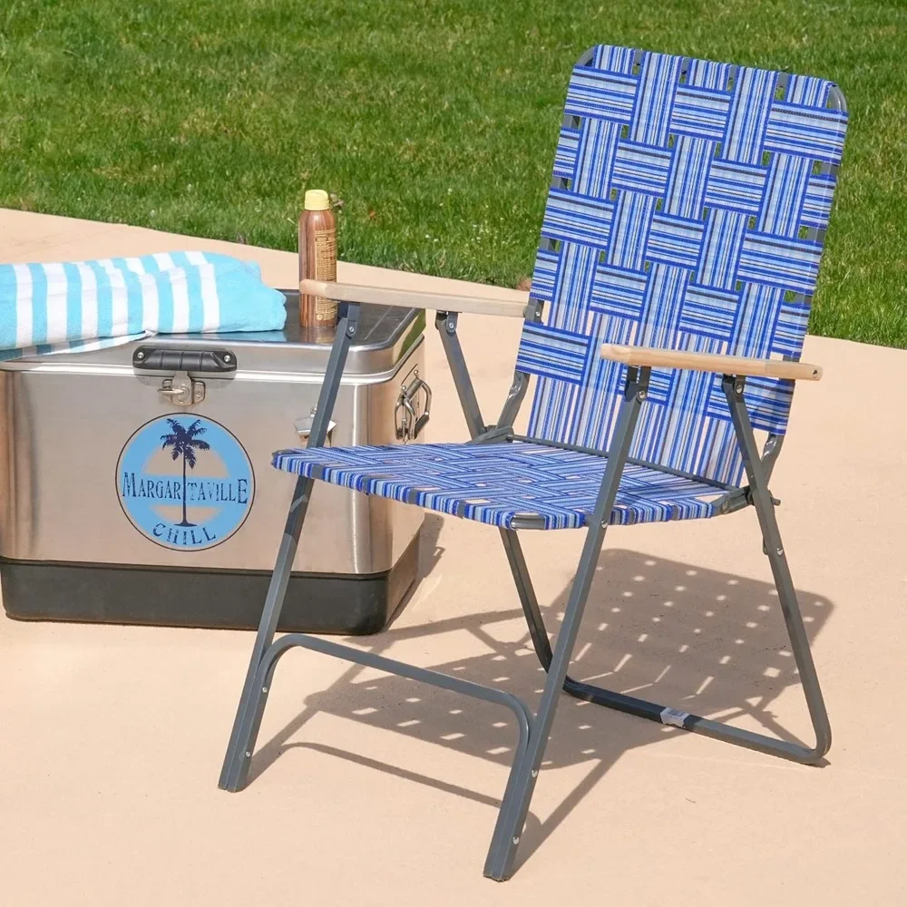 

Folding Patio & Lawn Chairs – Steel Frame, Blue Woven Fabric & Wooden Armrests, Full-Size Comfort Design