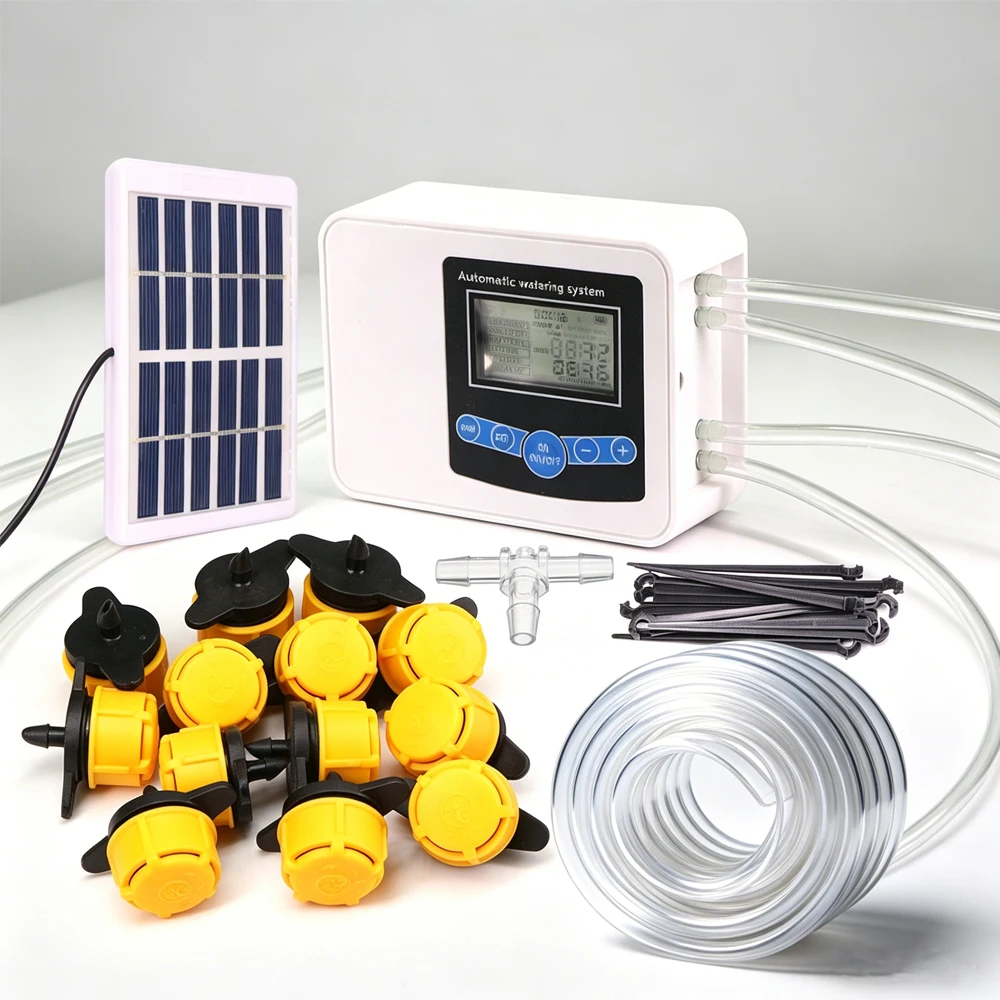 

Solar-Power Dual-Pump Timing Automatic Irrigation System for Indoor Garden Pot Plants Watering 1/4" Transparent Hose Drip Device