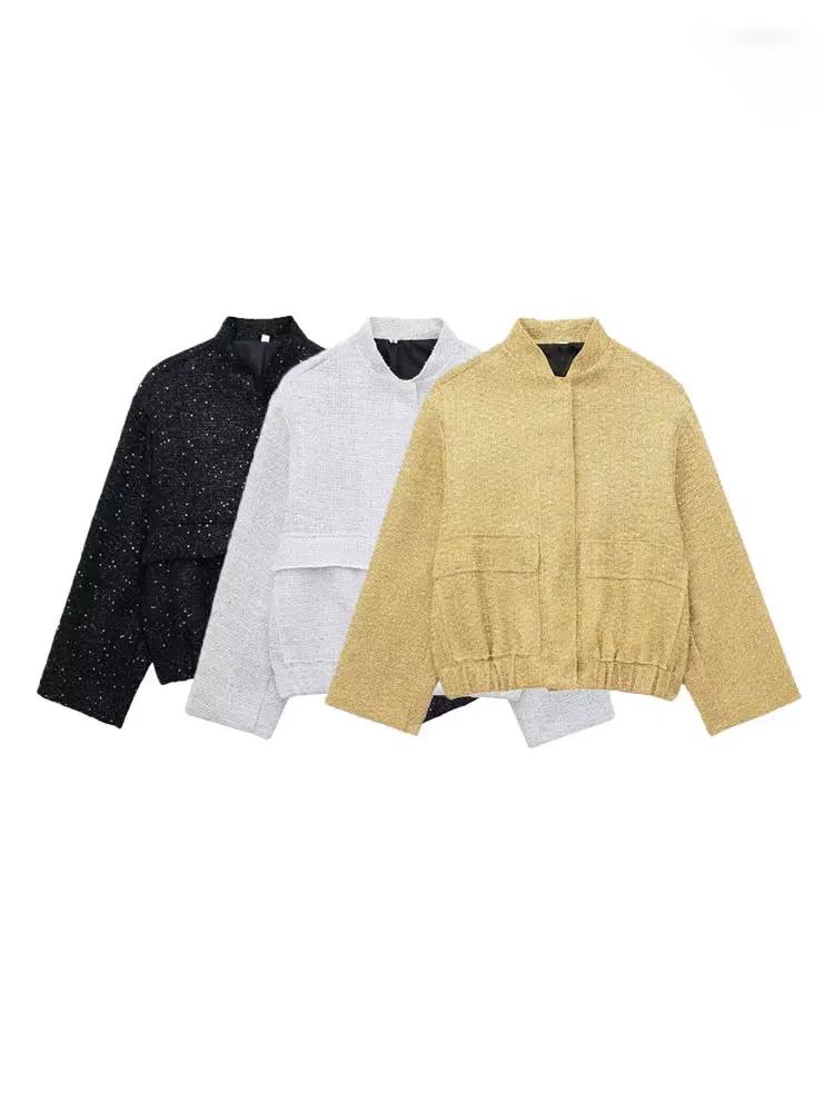 

BWQ Women's Sequined Tweed Loose Jacket with Pockets, Long Sleeve Coat, Snap-Button, Female Outerwear, Chic Tops, Fashion