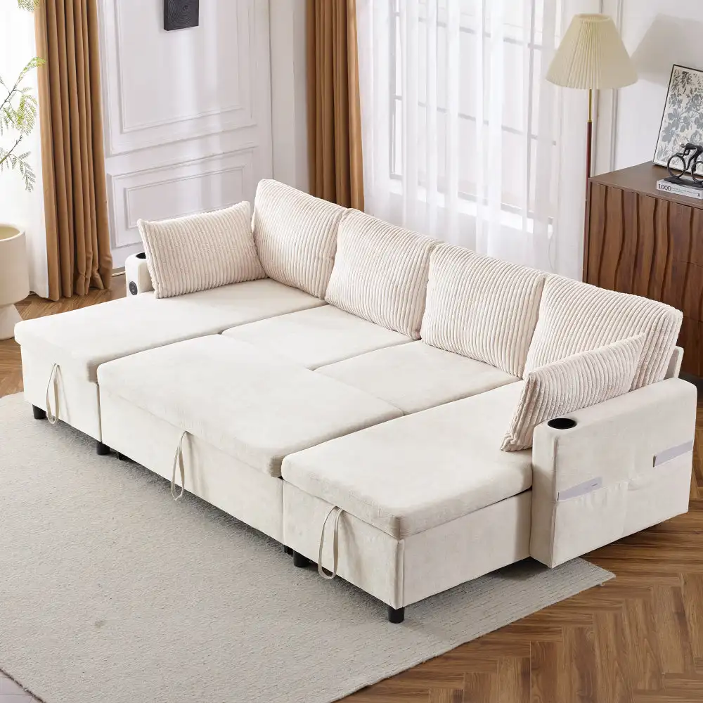 

111.8″ Sectional Sofa Pull-out Sofa Bed Versatile Sofa Sleeper with Large Storage Space, Two USB Ports and Two Cup Holders for