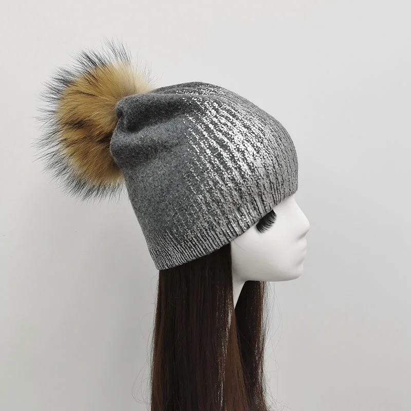 JANEFUR Y2K Fashion Hat Women Angora Beanie Hat With Real Raccoon Fur Pom Pom Women Warm Hat Outdoor Winter Knitted Cap In Stock