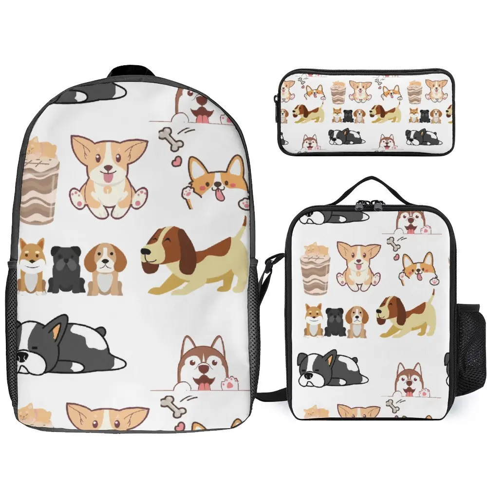 Perros Hunde Perros Corgi Bull Bone zum Verkauf 3 in 1 Set 17 Zoll Rucksack Lunch Bag Stift Tasche Sommerlager einzigartige dauerhafte Rucksack c