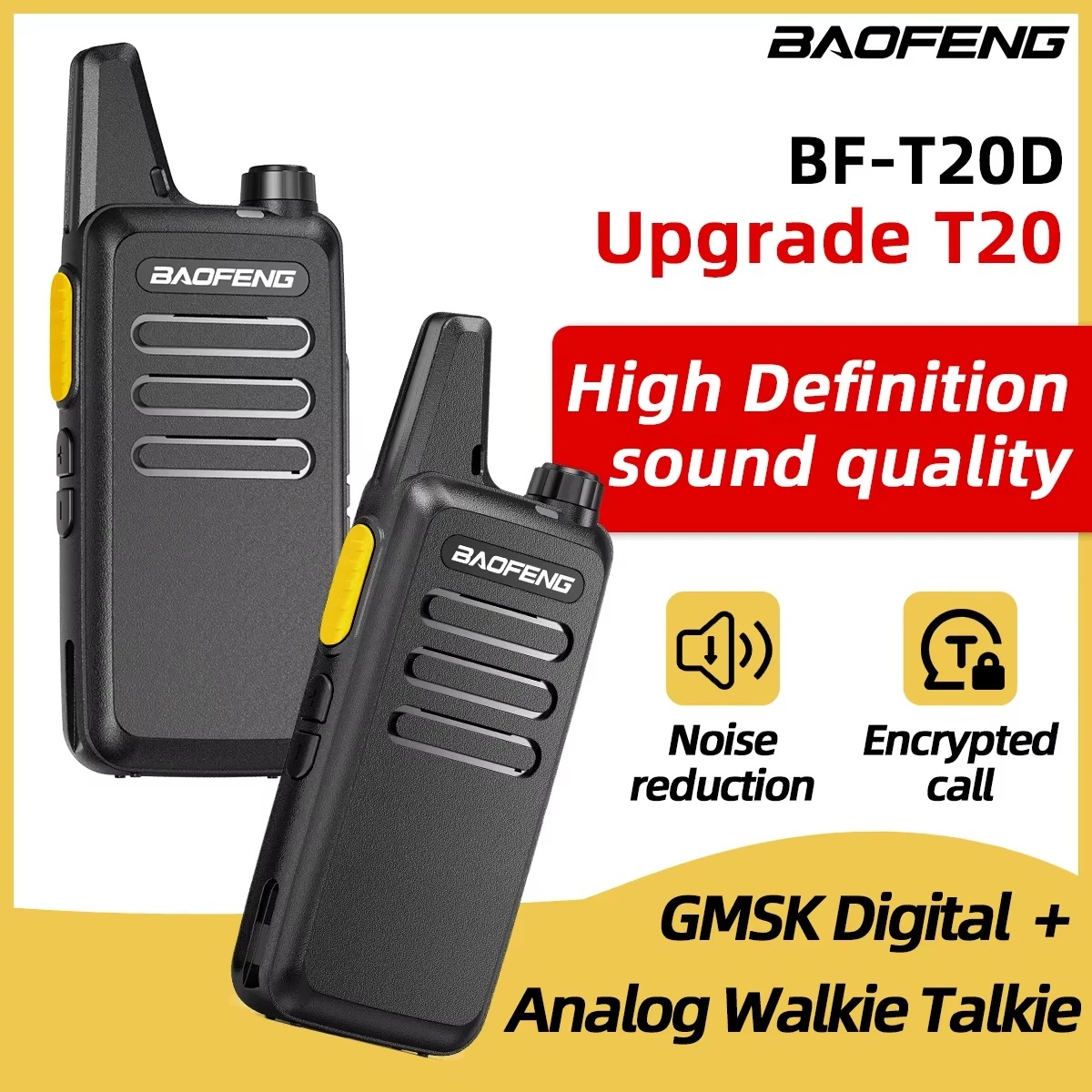 

Baofeng BF-T20D 2PCS GMSK Digital Analog Walkie Talkie Wireless Copy Frequency Encrypted Noise Reduction UHF 410-469MHZ Radio