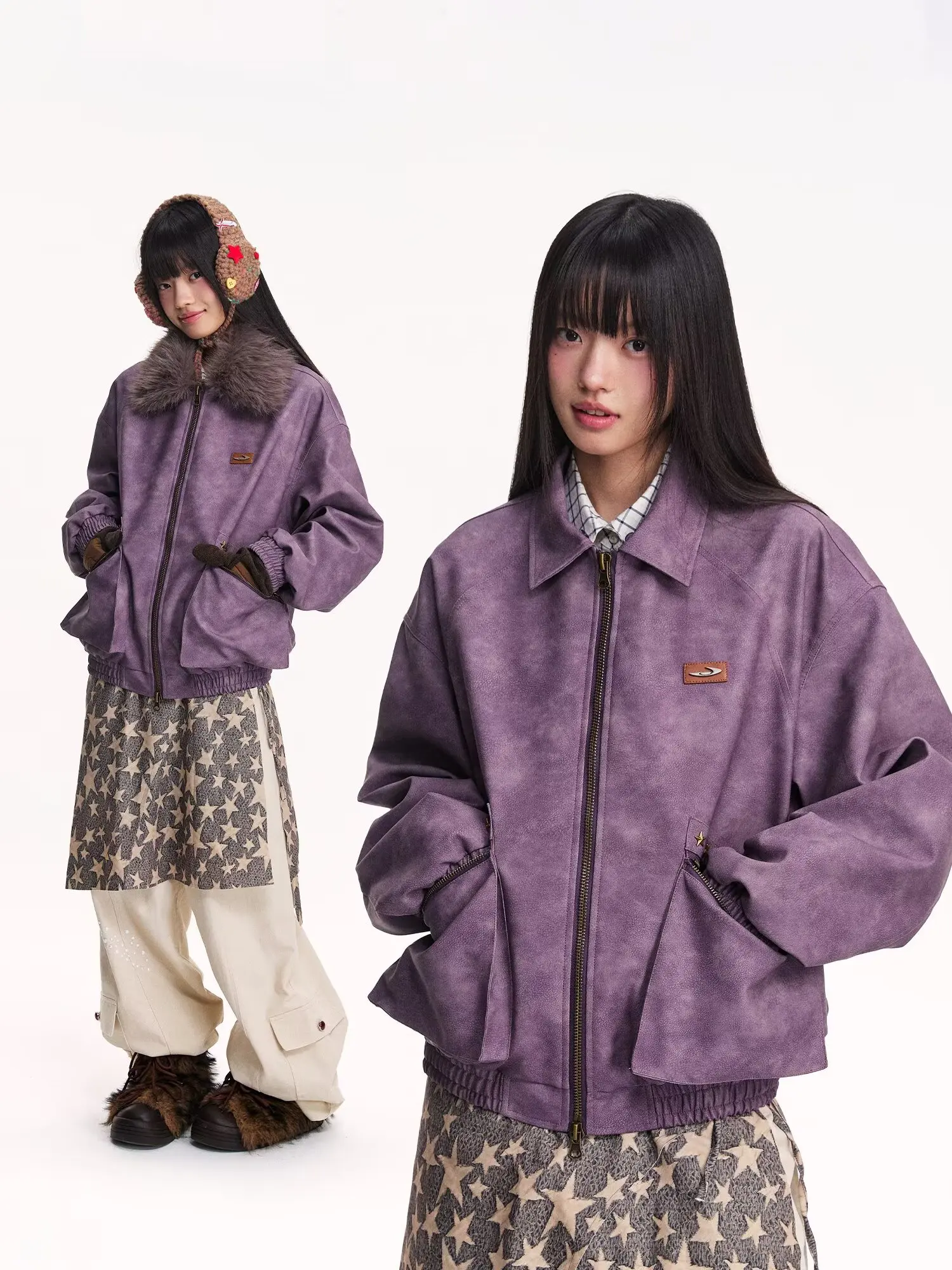 

WEHONEY American Retro Leather Jaet Coat Detachable Fur Collar Couples Winter Casual Sle Zipper Closure Long Sve Men's...