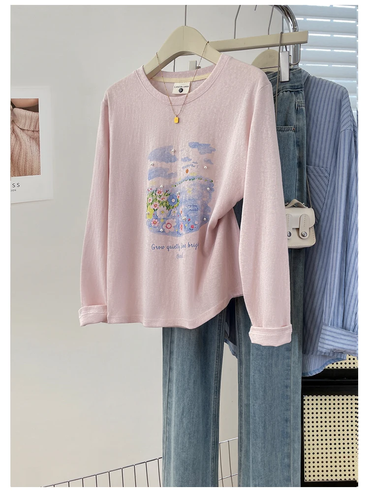 Cartoon Star Print Long Sleeve Women's T-shirt Thin Breathable Loose Fit Autumn Fashionable Versatile Shoulder Level Top