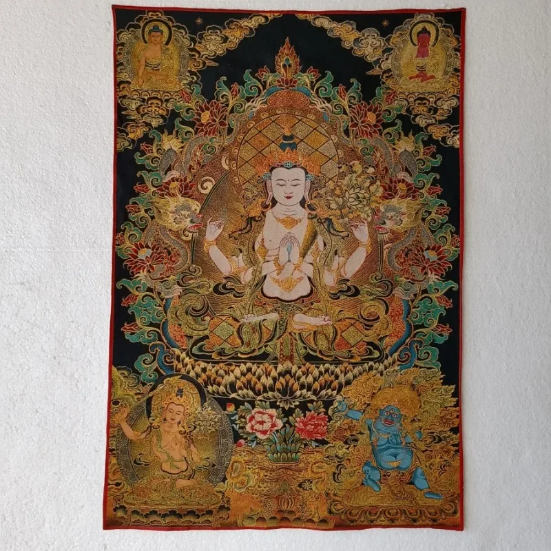 Four-Armed Avalokiteshvara Brocade Tibetan Tangka Embroidery Painting Gold Thread Decor Hanging Art