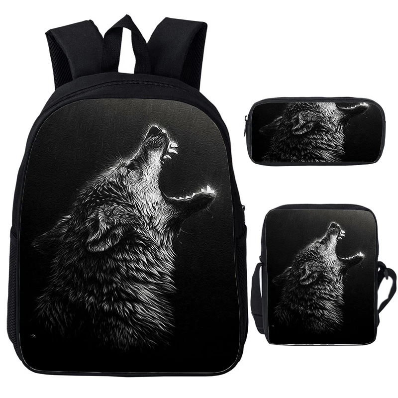 Cool Wolf tas punggung sekolah motif hewan 3D tas buku pelajar tas anak laki-laki perempuan tas Laptop tas selempang Harian tempat pensil 3 buah/set