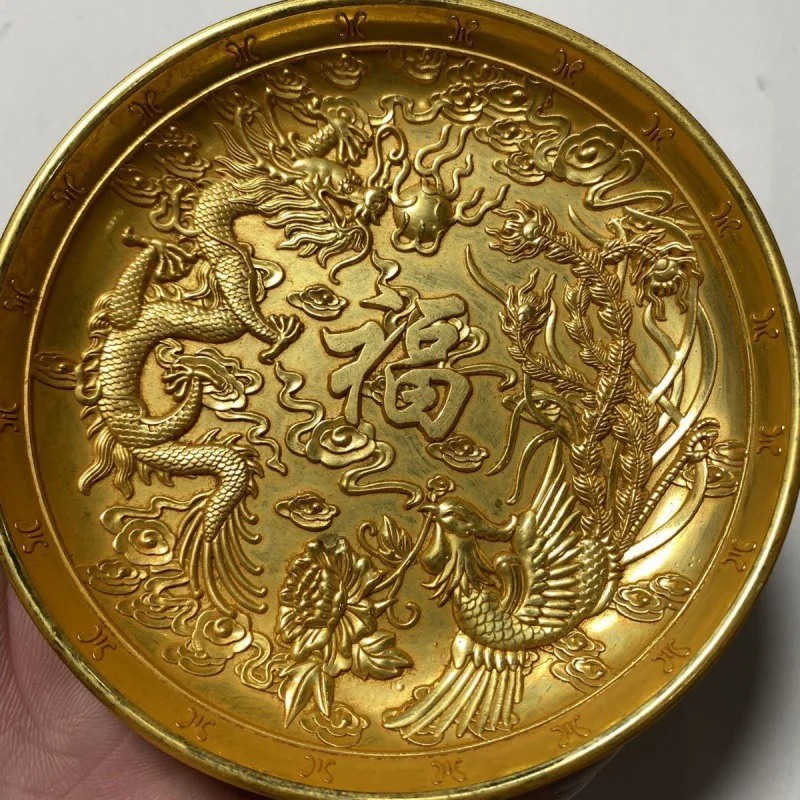 

Antique Style Pure Copper Ornament Gilded Dragon and Phoenix Playing with Beads Plate Dragon and Phoenix Fortune Gold Plate Home