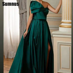 Sumnus Hunter Green Satin Formal Evening Dresses A Line Prom Gowns Robe De Mariee One Shoulder Side Split Prom Party Dress