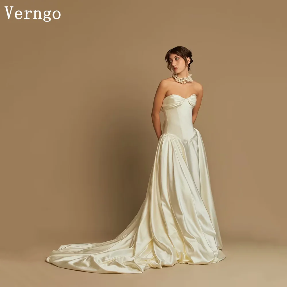 

Verngo lvory Satin Princess A Line Waist Slim Bridal Gowns Simple Modern Sweep Train Bride Dresses 2026 Custmized