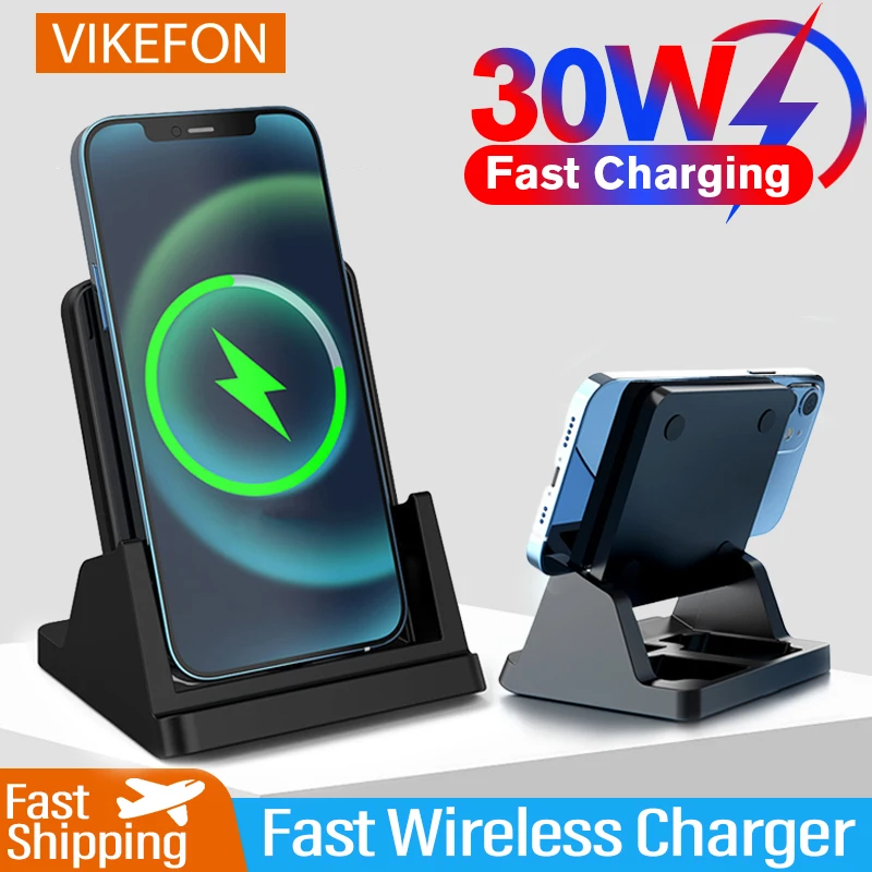 VIKEFON 무선 충전기 패드 스탠드, 데스크탑 초박형 휴대폰 고속 충전 도킹 스테이션, 아이폰 15, 삼성, 샤오미, 30W 