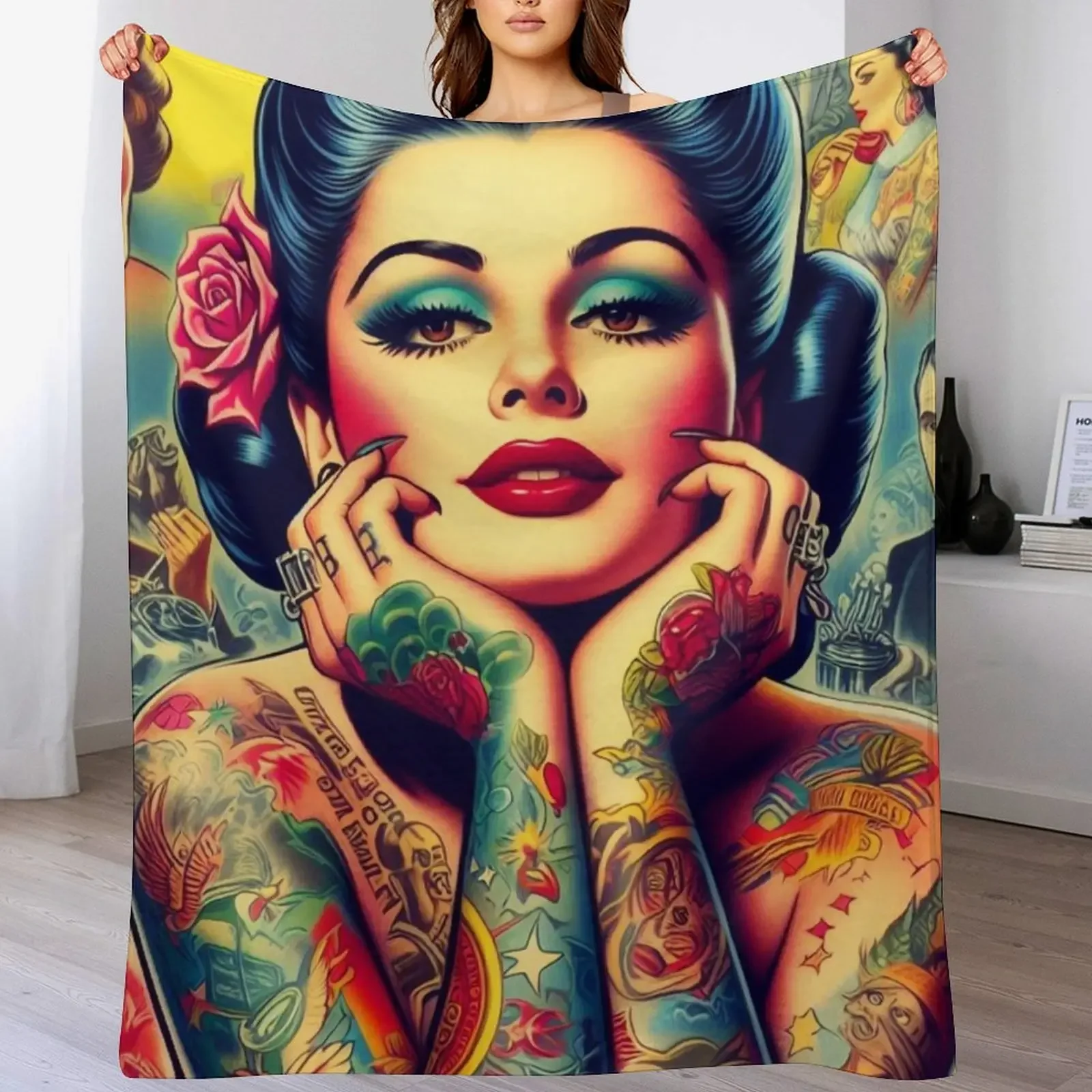 Retro Pretty Tattoo Pin-up Throw Blanket Soft Sherpa Fleece Warm Blanket for Winter