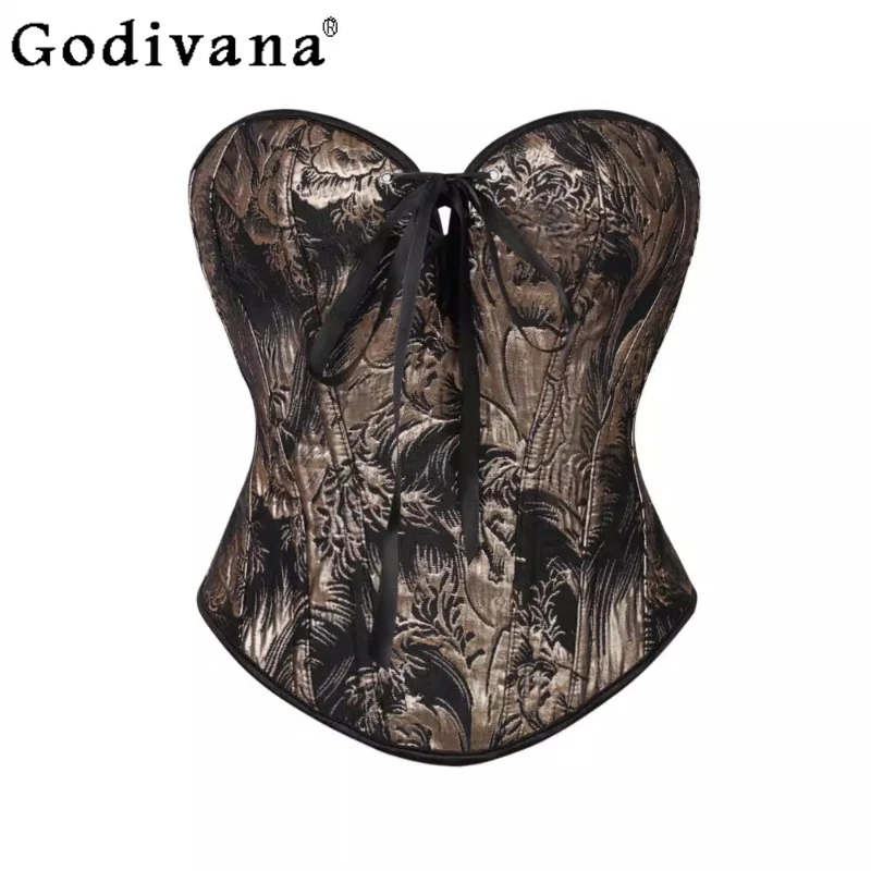 

Lolita Handsome Black Gold Jacquard Fabric Retro Fishbone Strapless Vest Summer New Outer Wear Lace-up Sexy Short Bottoming Top