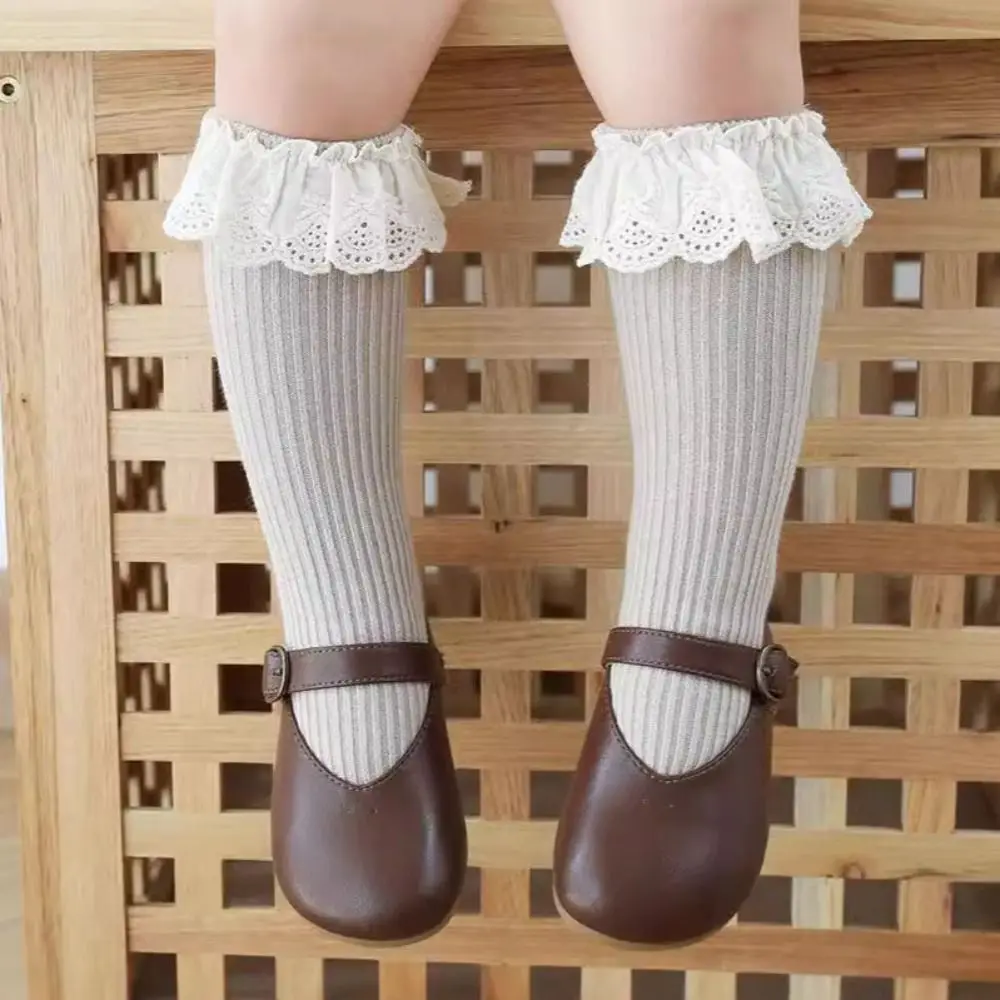 

5Pairs Ruffled Edge Baby Calf Socks Baby Lace Trim Long Tube Infant Cotton Stockings Stripe Cotton Cartoon Above Knee Socks